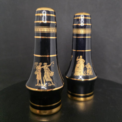 Front view of vintage Greek shakers with gold detail, circa 1970s