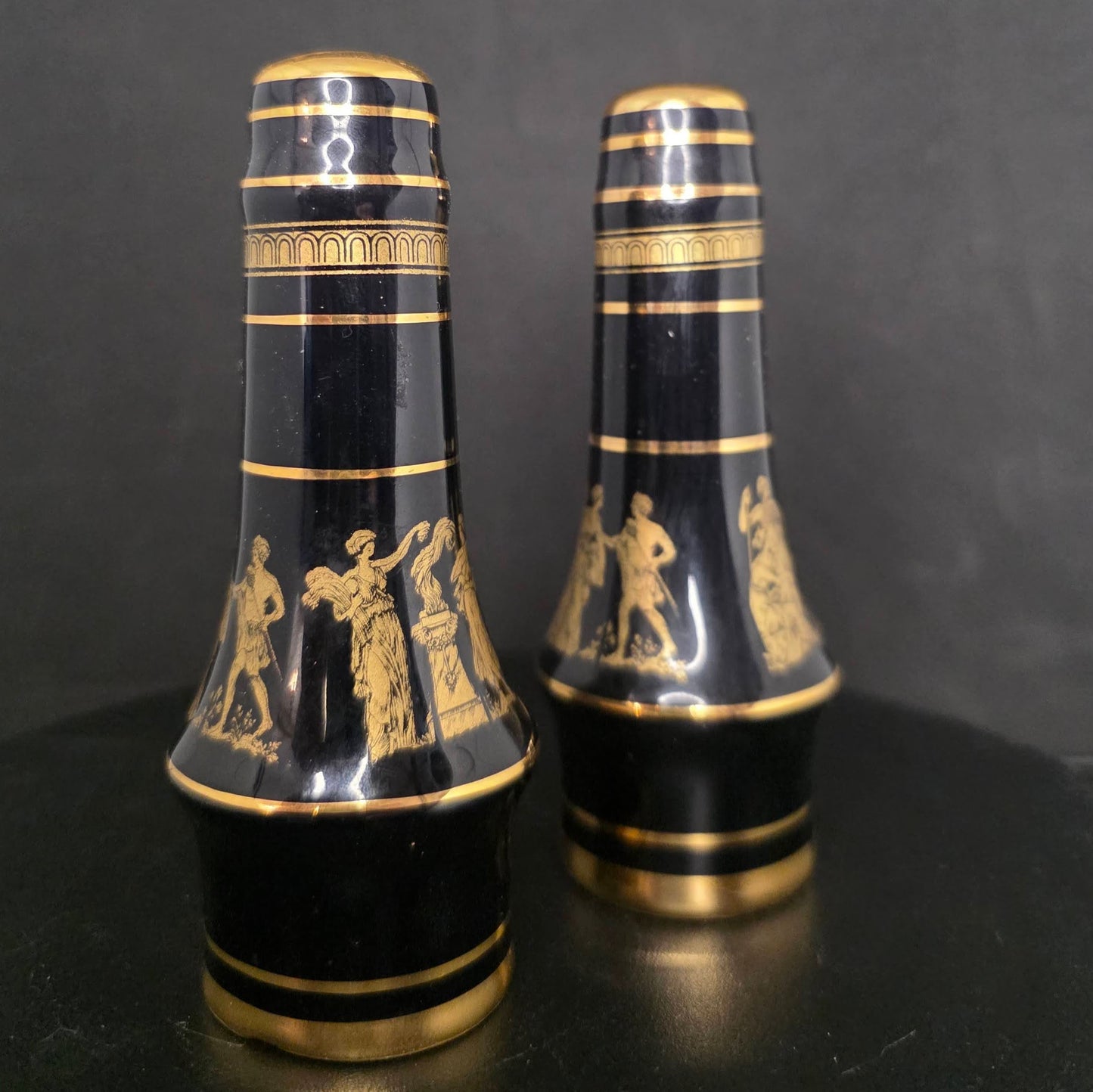 Detail of 24K gold accents on handmade Greek ceramic shakers with stoppers