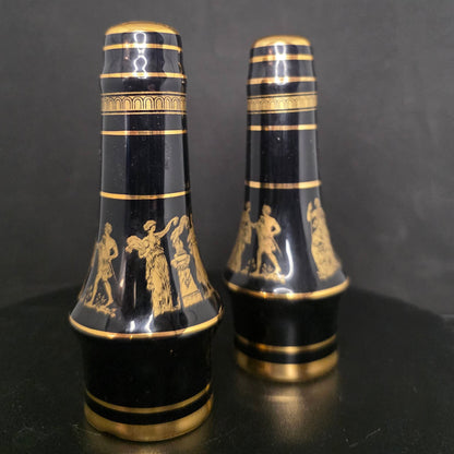 Detail of 24K gold accents on handmade Greek ceramic shakers with stoppers