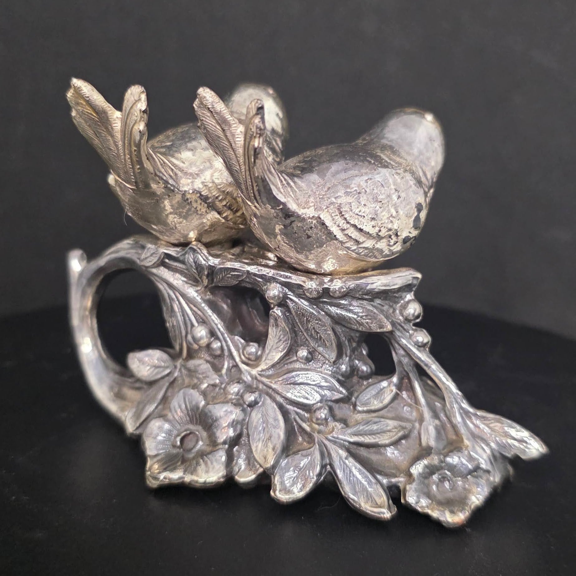 Detail of silverplated lovebirds on branch, 4.25 inches long, no stoppers