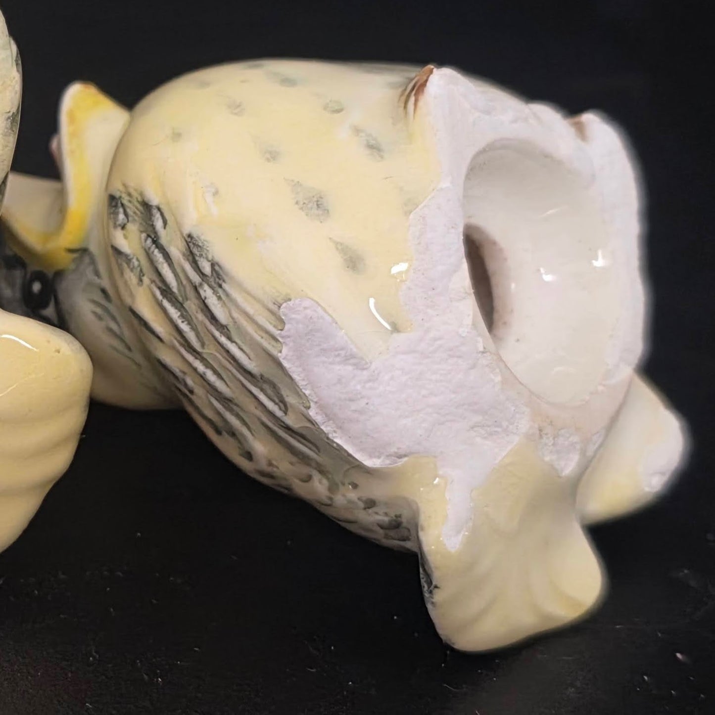 Close-up of severe condition issues on vintage chickadee shakers, no stoppers