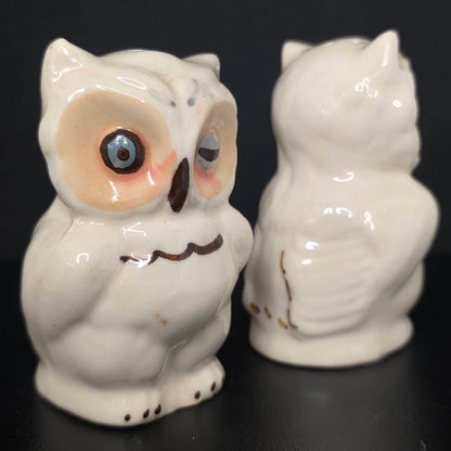 Front view of vintage winking owl shakers in excellent condition