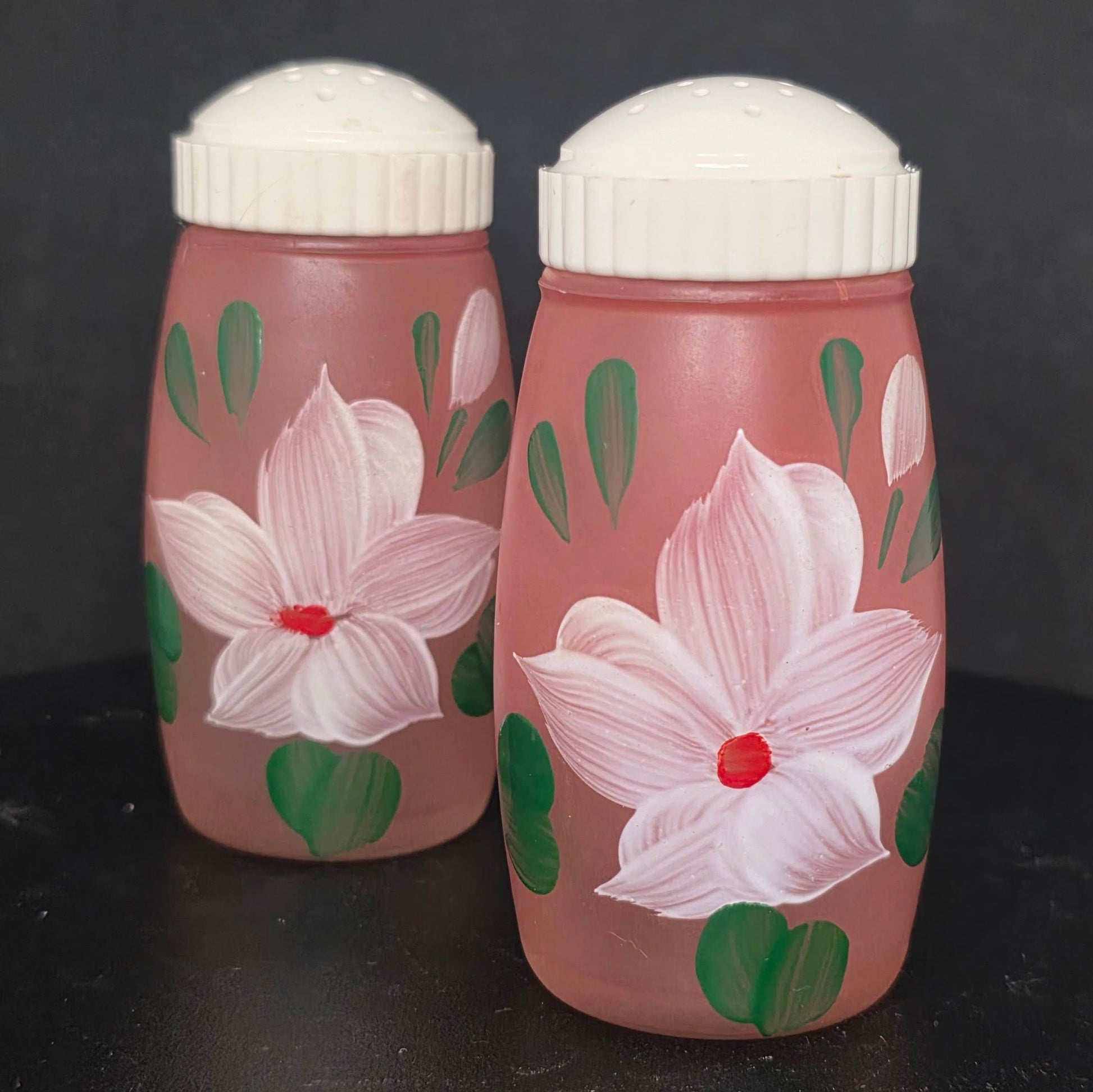 Bartlett Collins pink frosted glass salt and pepper shakers with hand-painted floral design, circa 1930s-1950s
