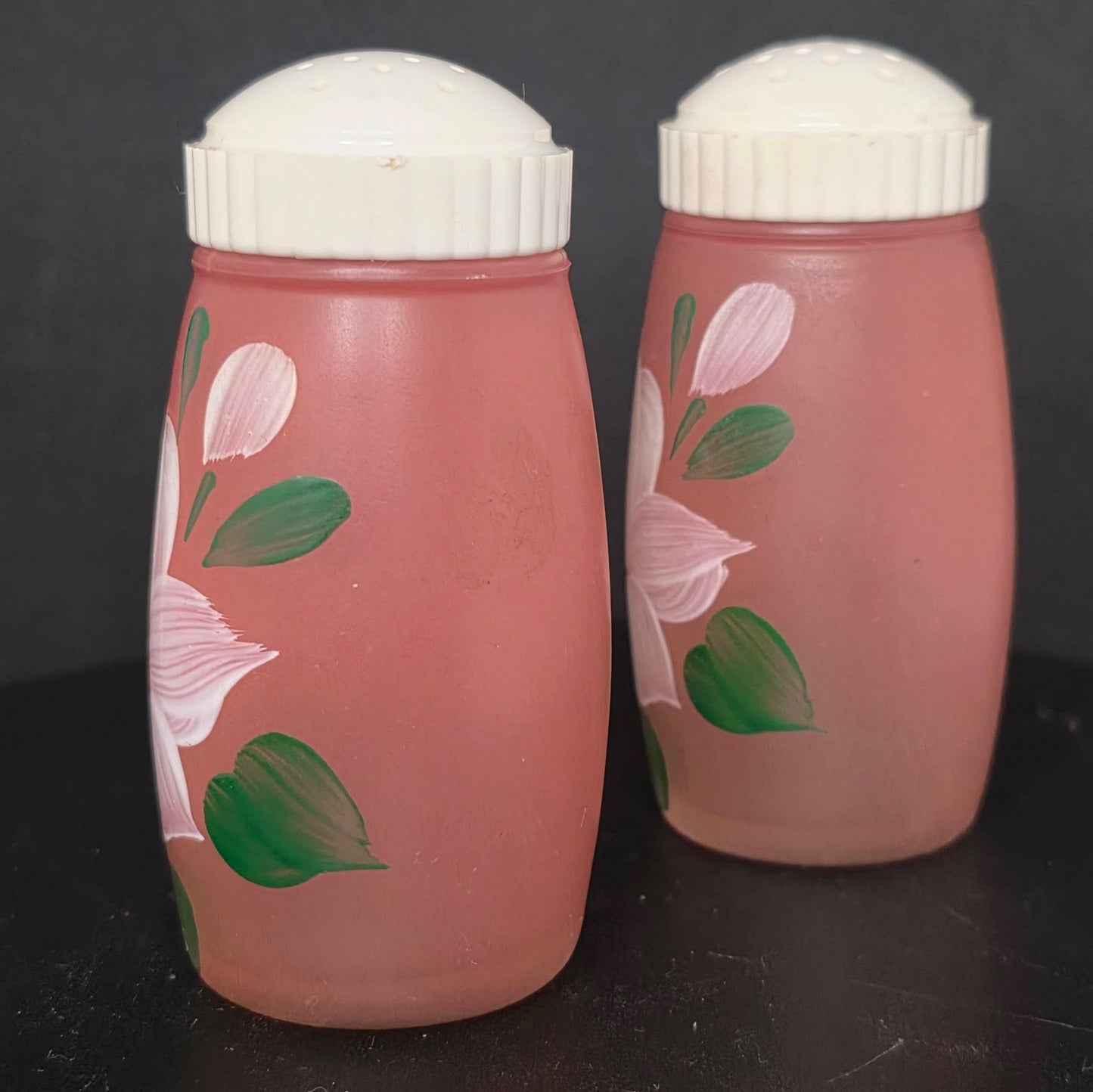 Bartlett Collins pink frosted glass salt and pepper shakers with hand-painted floral design, circa 1930s-1950s