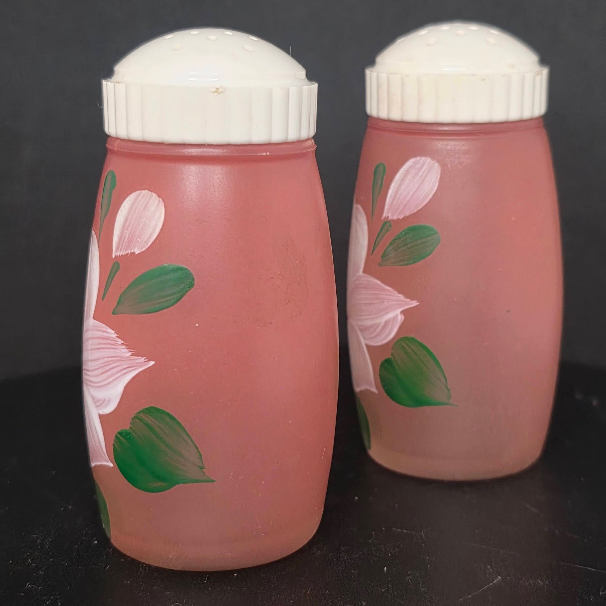 Bartlett Collins pink frosted glass salt and pepper shakers with hand-painted floral design, circa 1930s-1950s