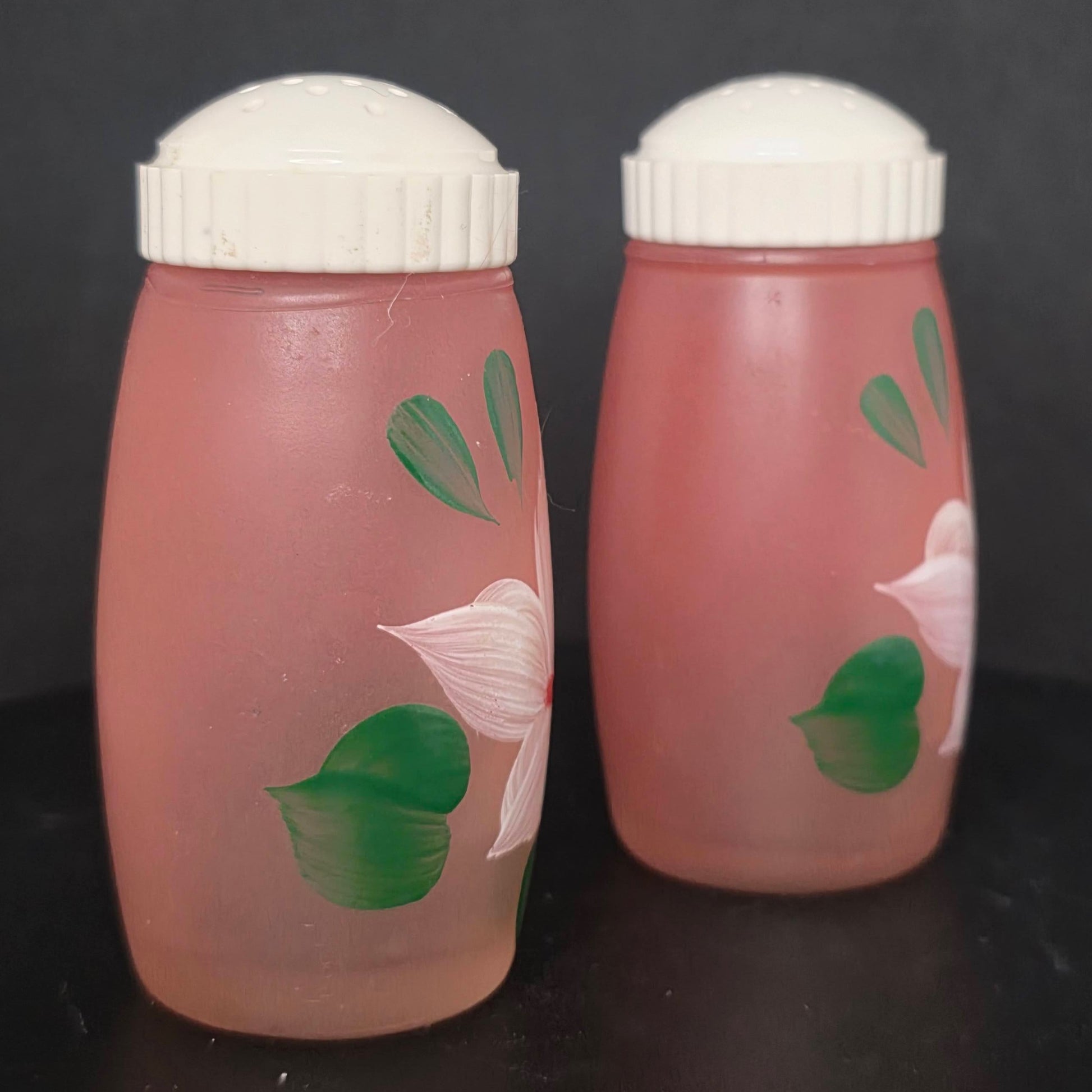Bartlett Collins pink frosted glass salt and pepper shakers with hand-painted floral design, circa 1930s-1950s