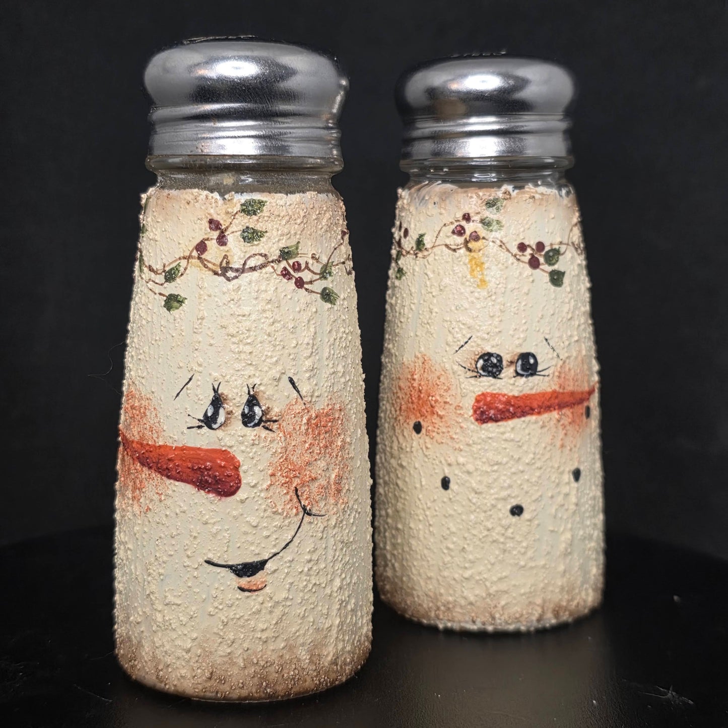 Vintage hand-painted snowman salt and pepper shakers, textured glass with metal lids