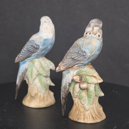 Vintage blue parakeet salt and pepper shakers, matte ceramic with stoppers