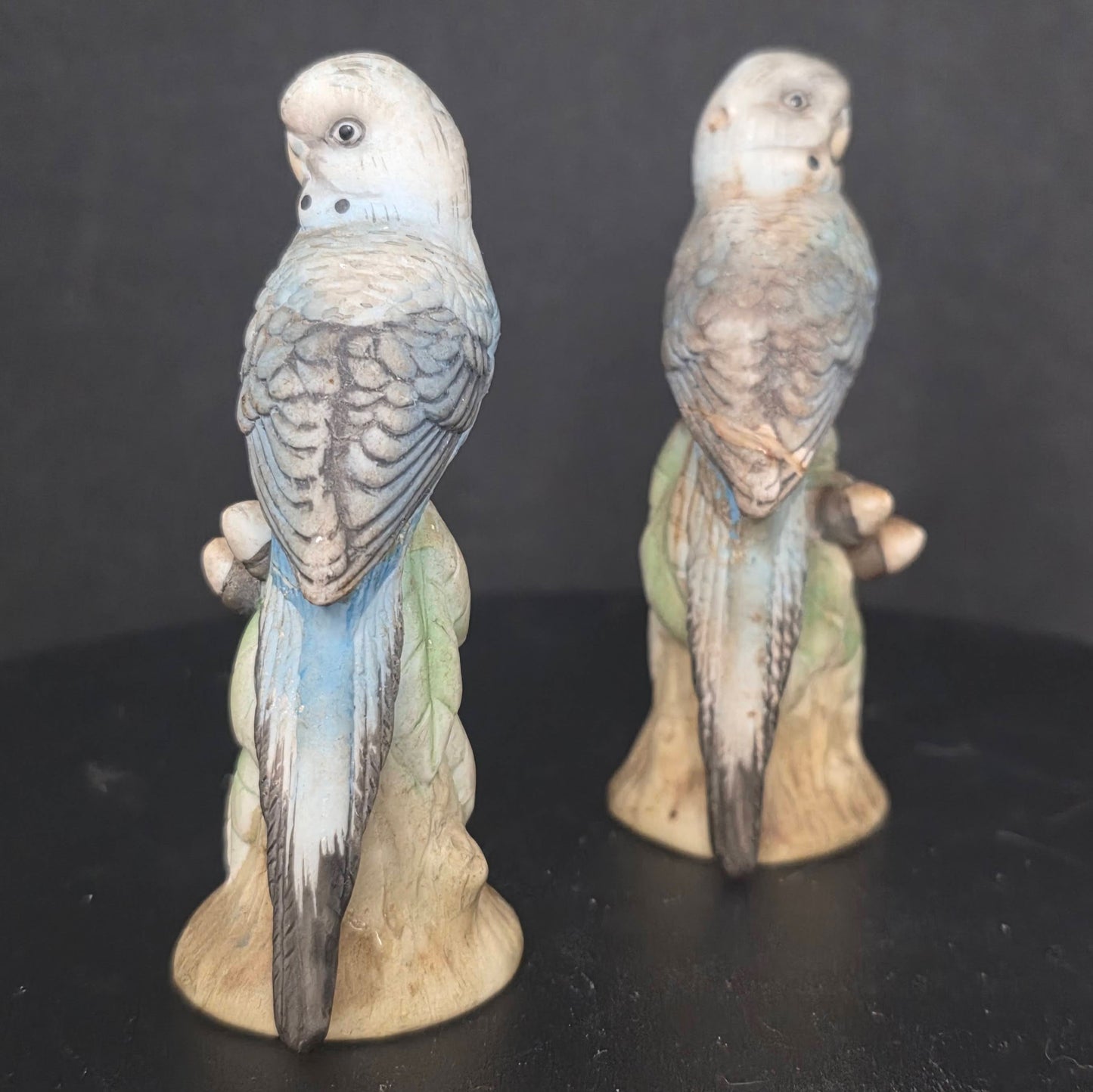 Side view of blue parakeet shakers marked KW3009