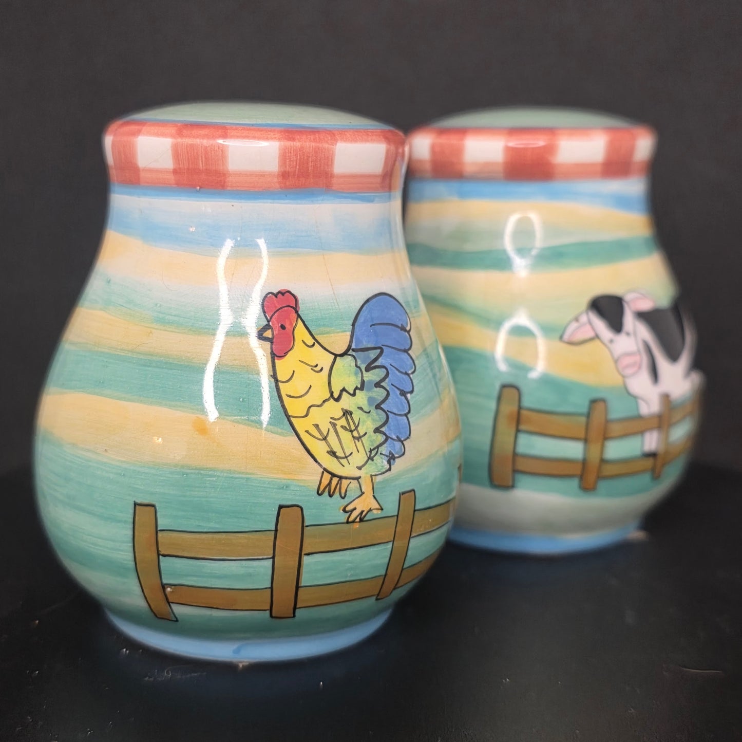 Young's Exclusive cow and rooster salt and pepper shakers, made in 1999