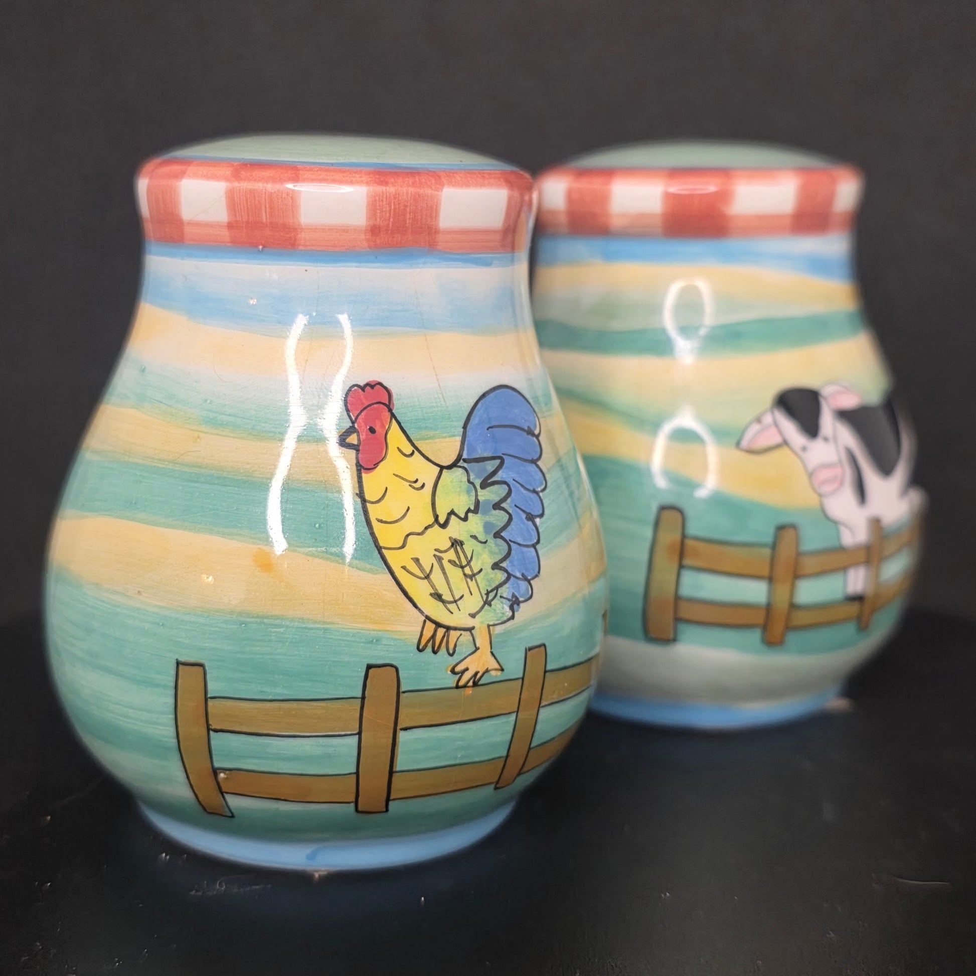 Young's Exclusive cow and rooster salt and pepper shakers, made in 1999