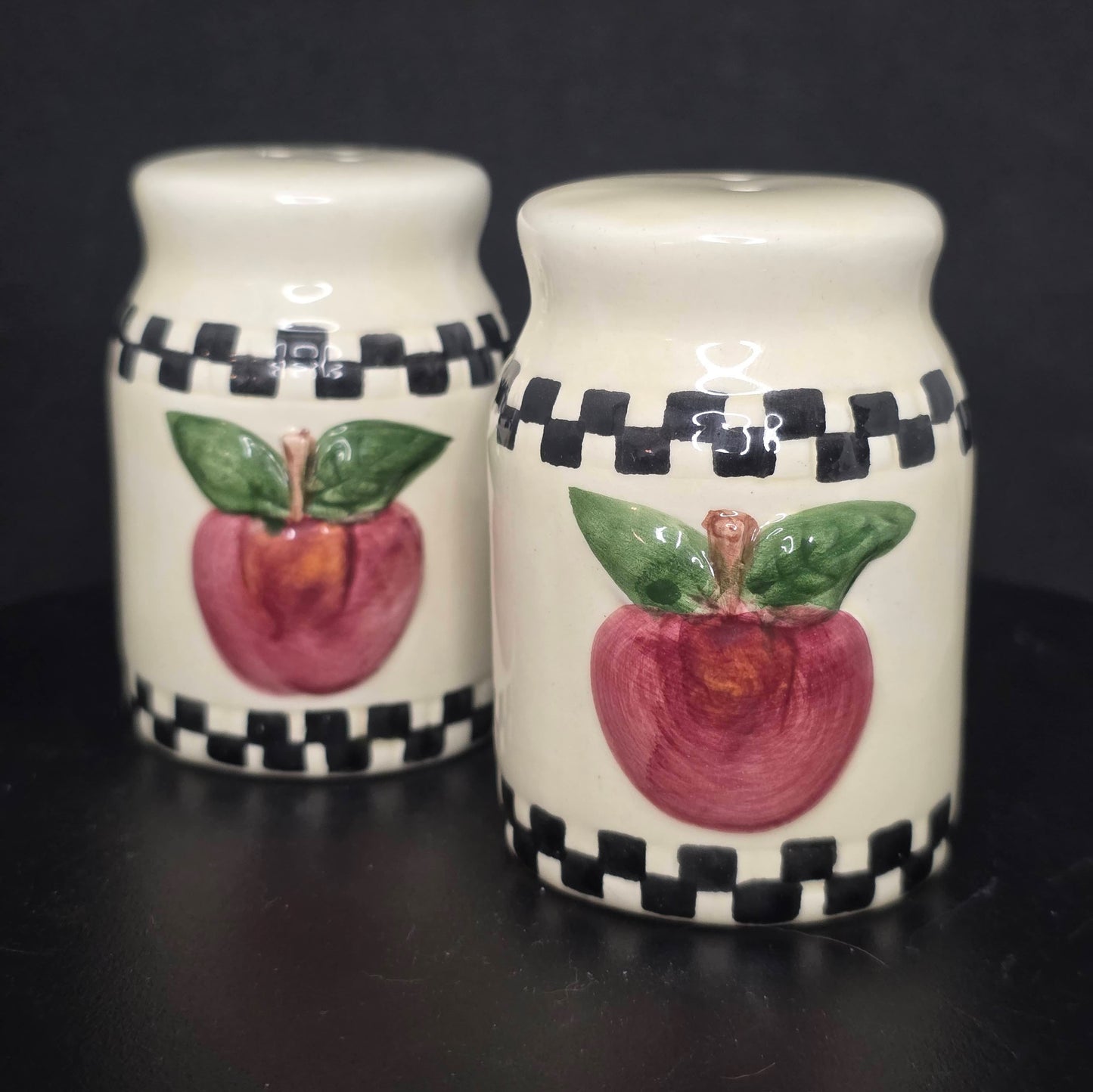 MacKenzie Childs style ceramic apple shakers with stoppers, front view