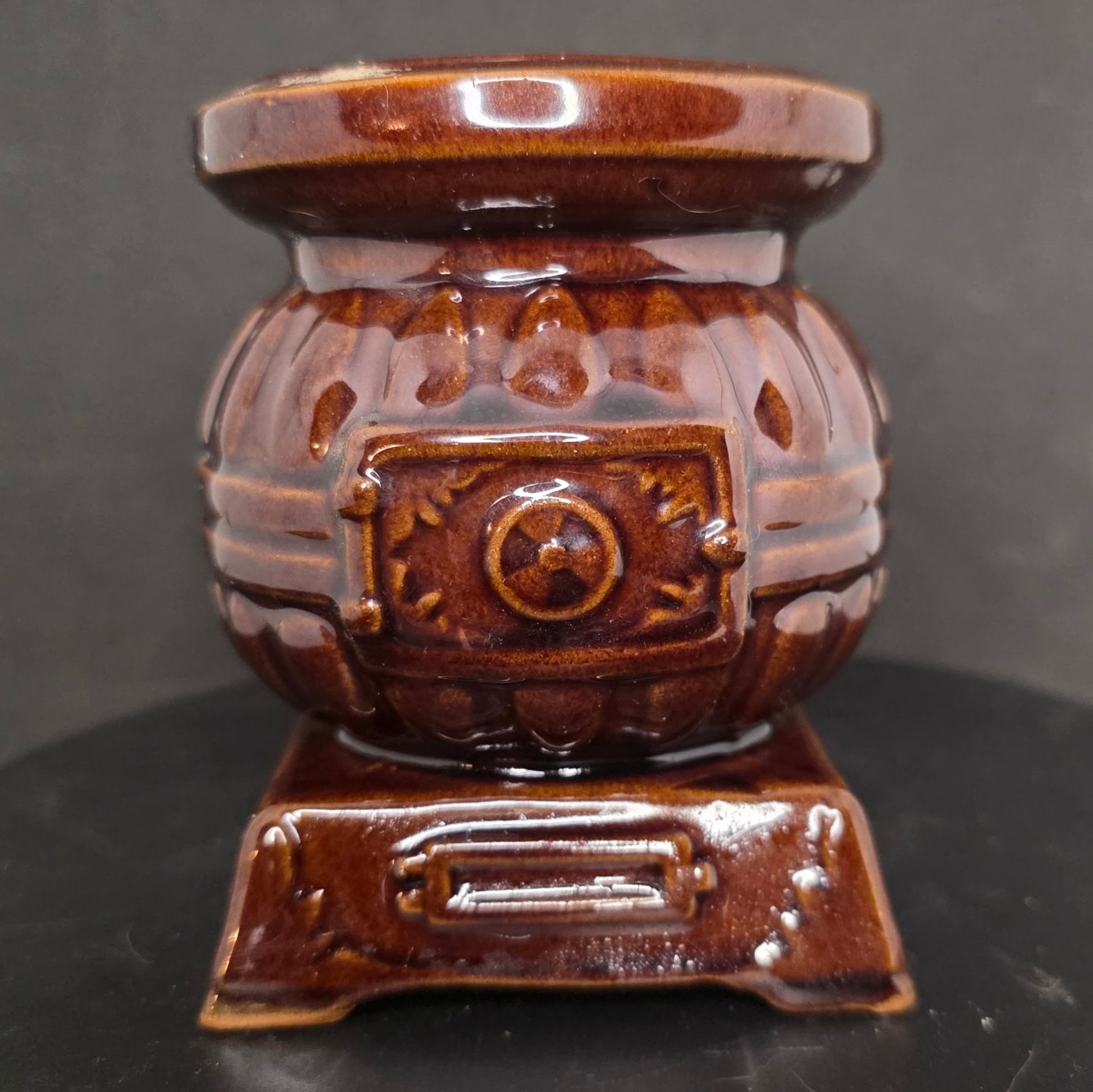Vintage 1960s Inarco Japan brown ceramic pot belly stove utensil holder with glossy finish