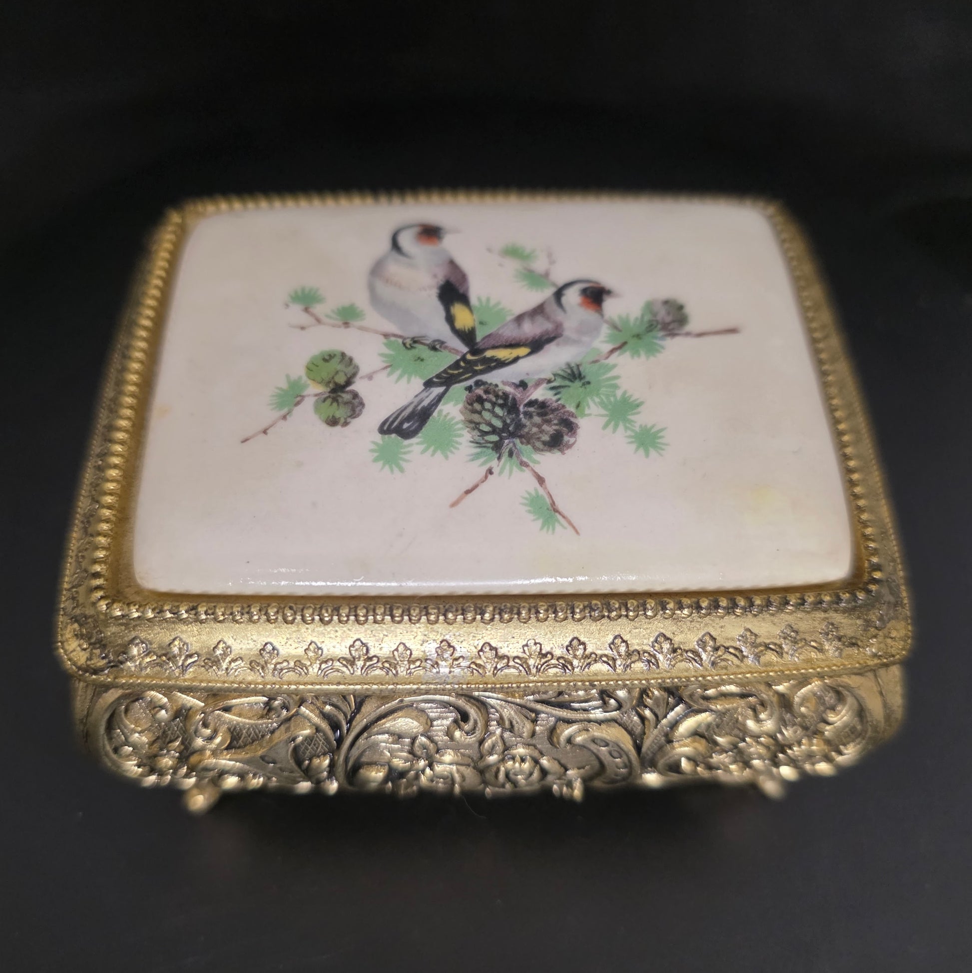 Vintage 1970s Sankyo Japan brass music box with enamel mockingbird artwork on lid