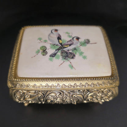 Vintage 1970s Sankyo Japan brass music box with enamel mockingbird artwork on lid