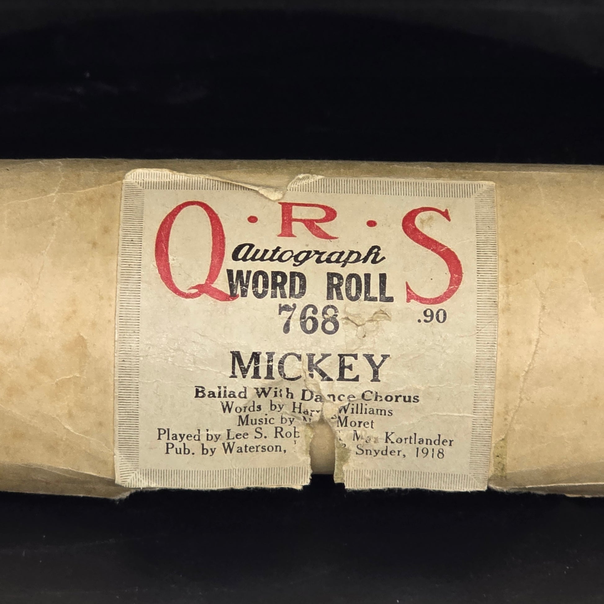 Q.R.S MICKEY piano roll box bottom portion showing catalog number 768 and ballad with dance chorus designation