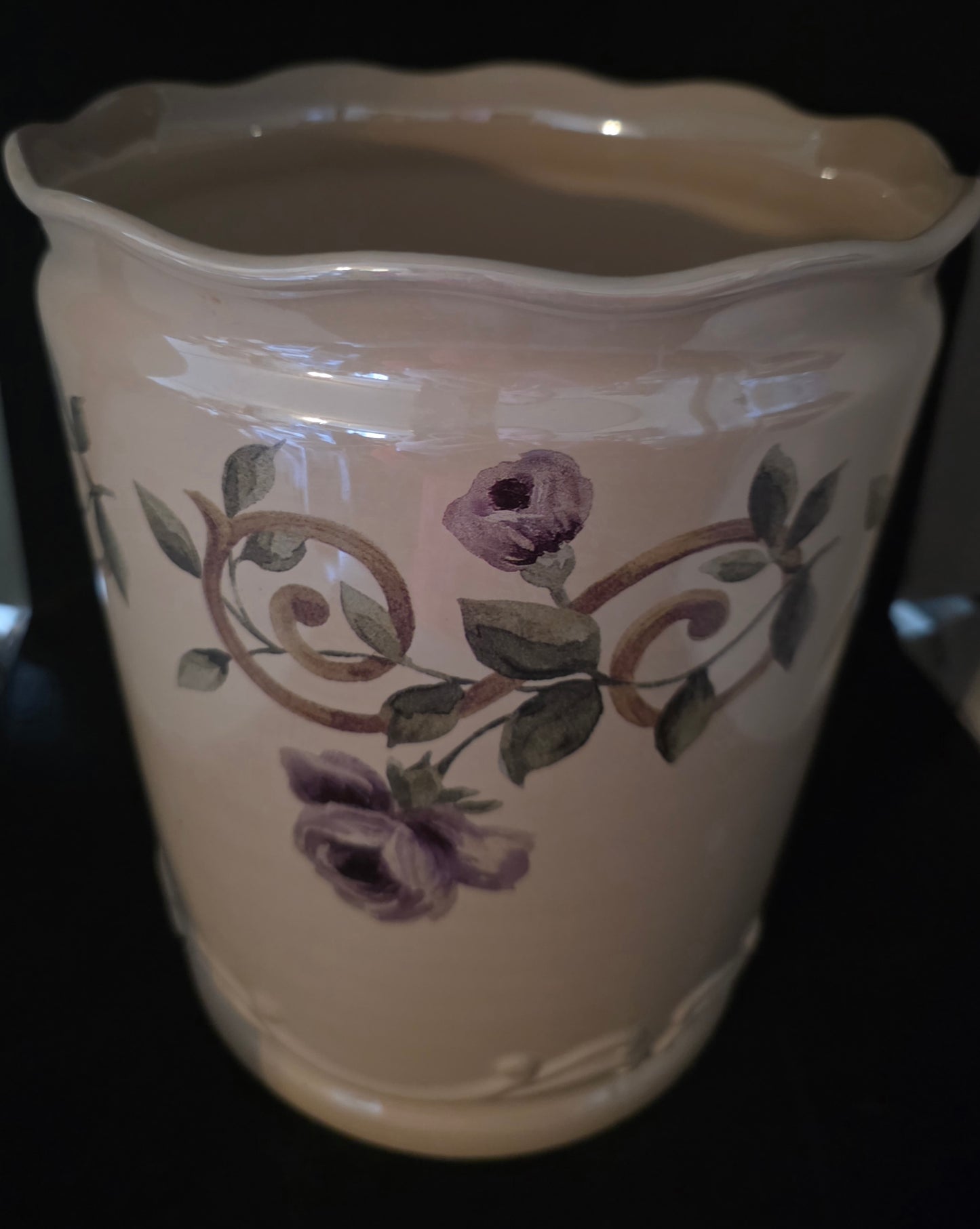 Glazed Ceramic Decorative Floral Wastebasket