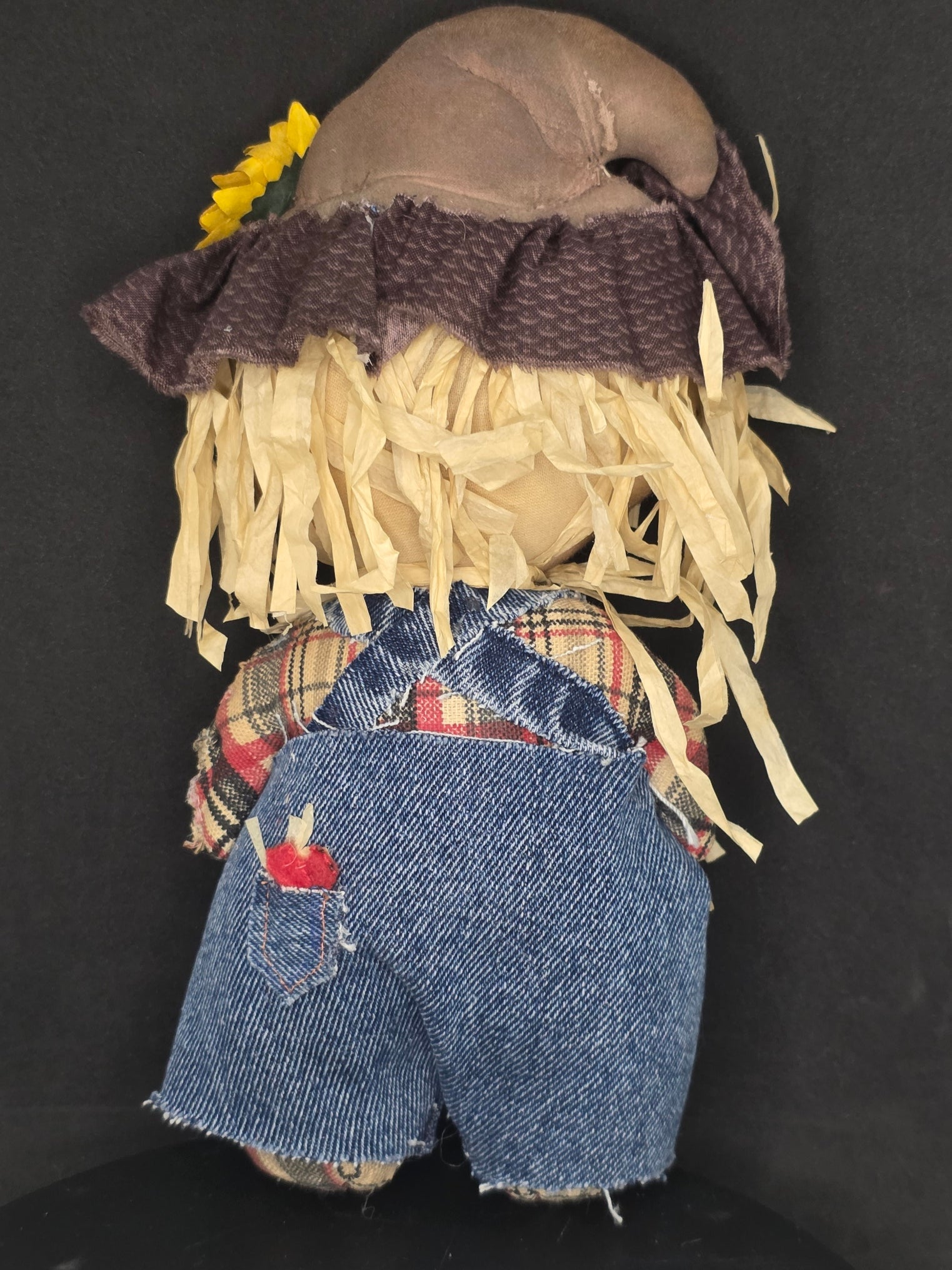 Backside of a handmade fabric scarecrow doll with a brown head, beige straw hair, a dark purple knit hat, and blue denim shorts, laid flat on a black background.