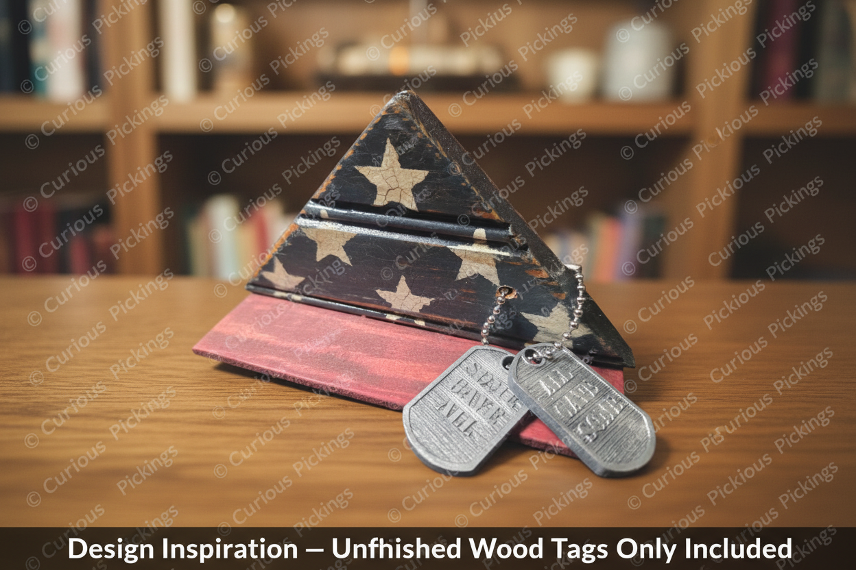 Design inspiration showing a finished memorial flag display box with stamped metal military dog tags on a ball chain, displayed on a wooden bookshelf. Unfinished wood tags only included with purchase.