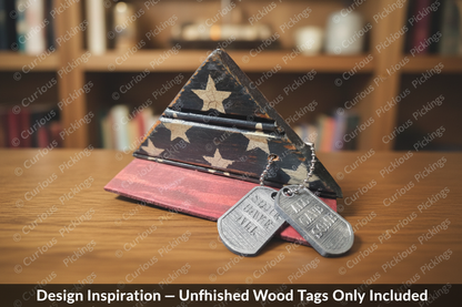 Design inspiration showing a finished memorial flag display box with stamped metal military dog tags on a ball chain, displayed on a wooden bookshelf. Unfinished wood tags only included with purchase.